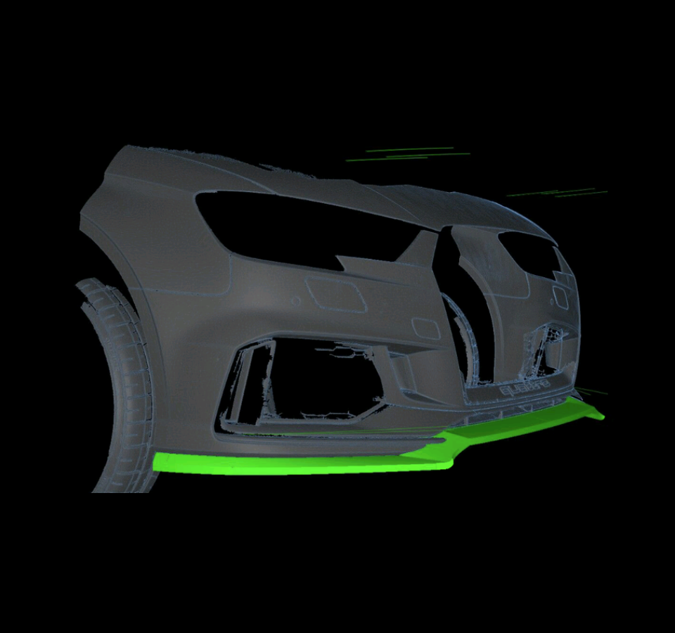 CAD render of the one-piece Method Effects RS3 splitter crossing the front fascia