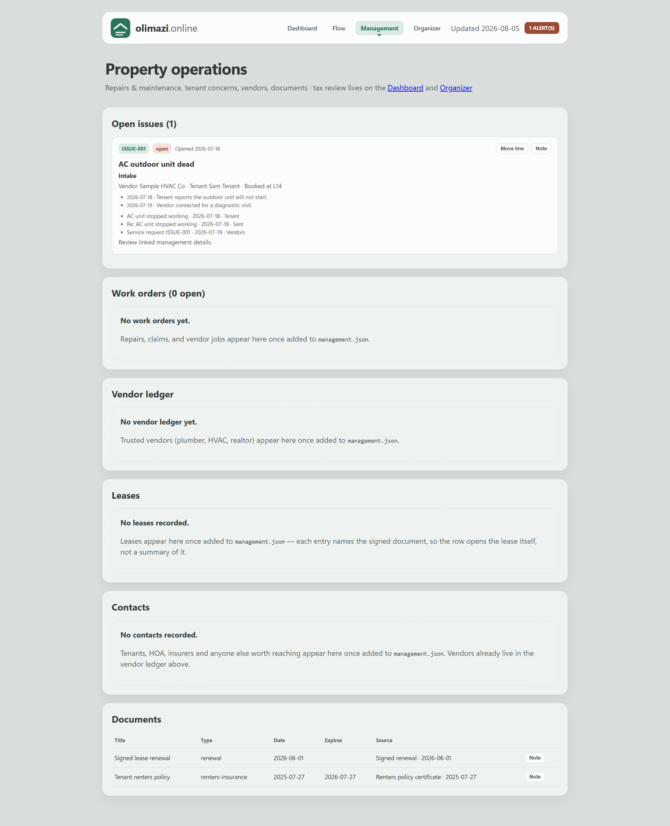 Management page with tenant issue board and documents, sample property