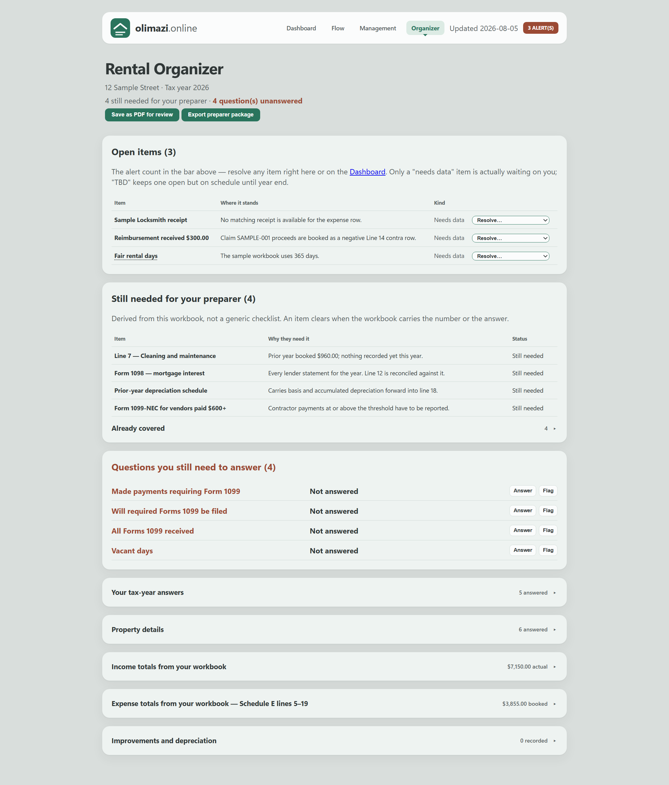 Rental Organizer page with filing flags and preparer card, sample property