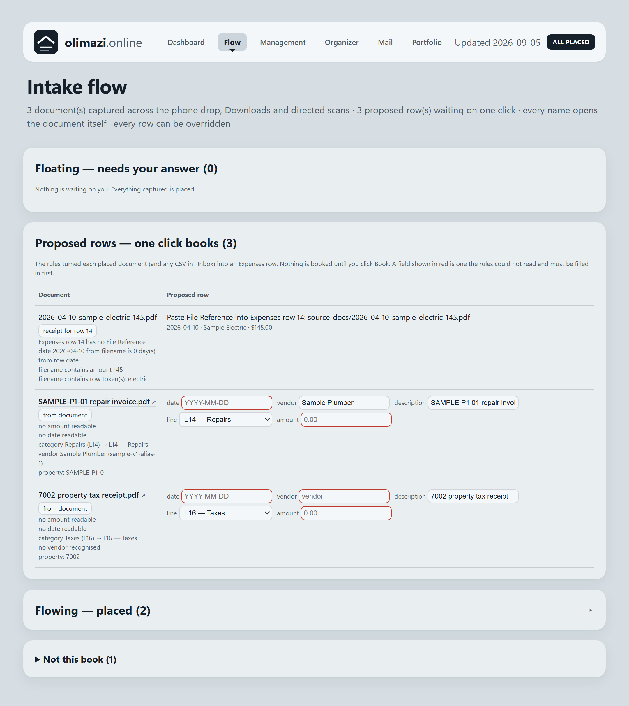 Flow — proposed rows waiting to be booked into the ledger