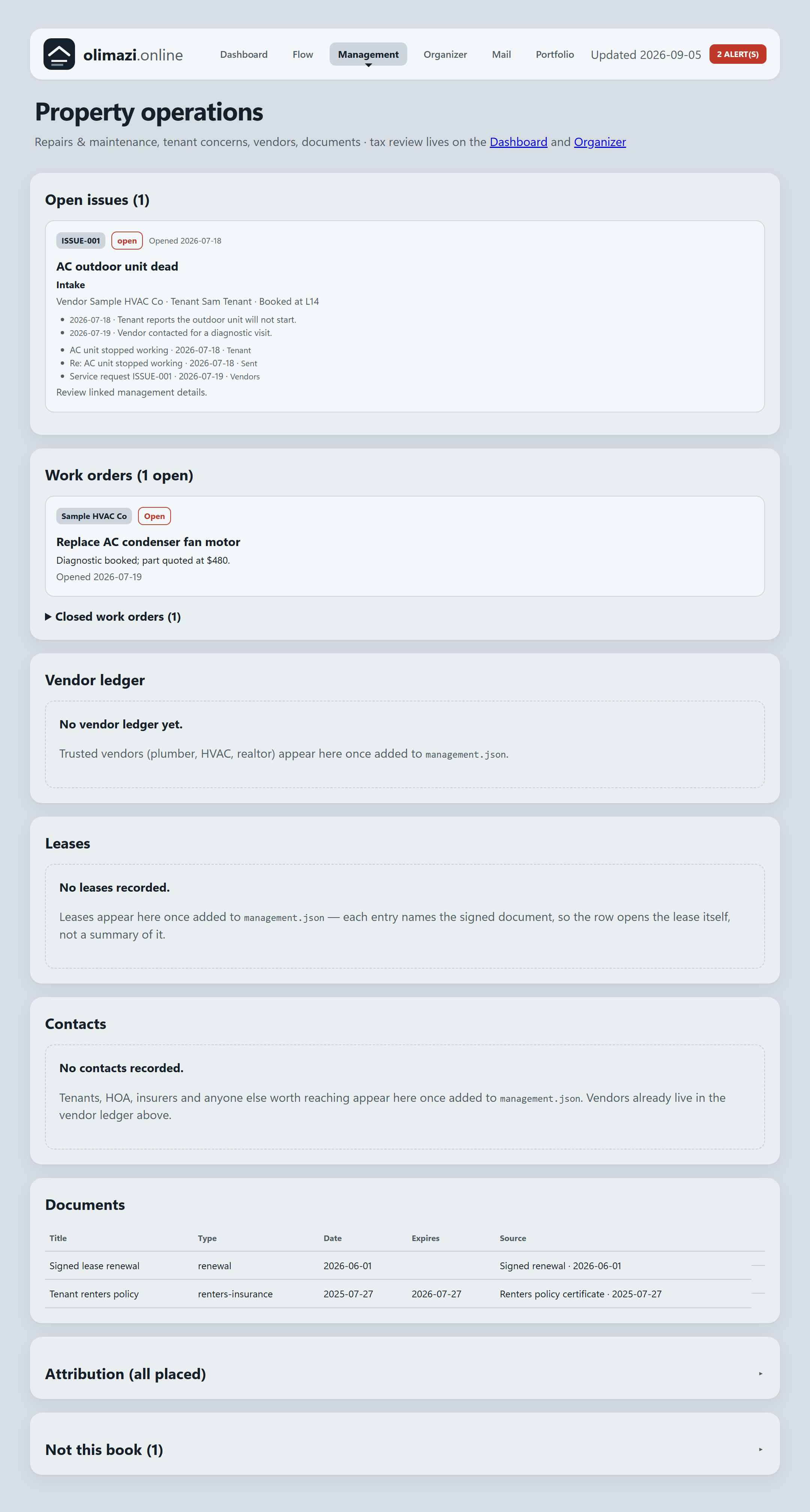 Property operations — tenant issues, vendors and documents with expiry warnings