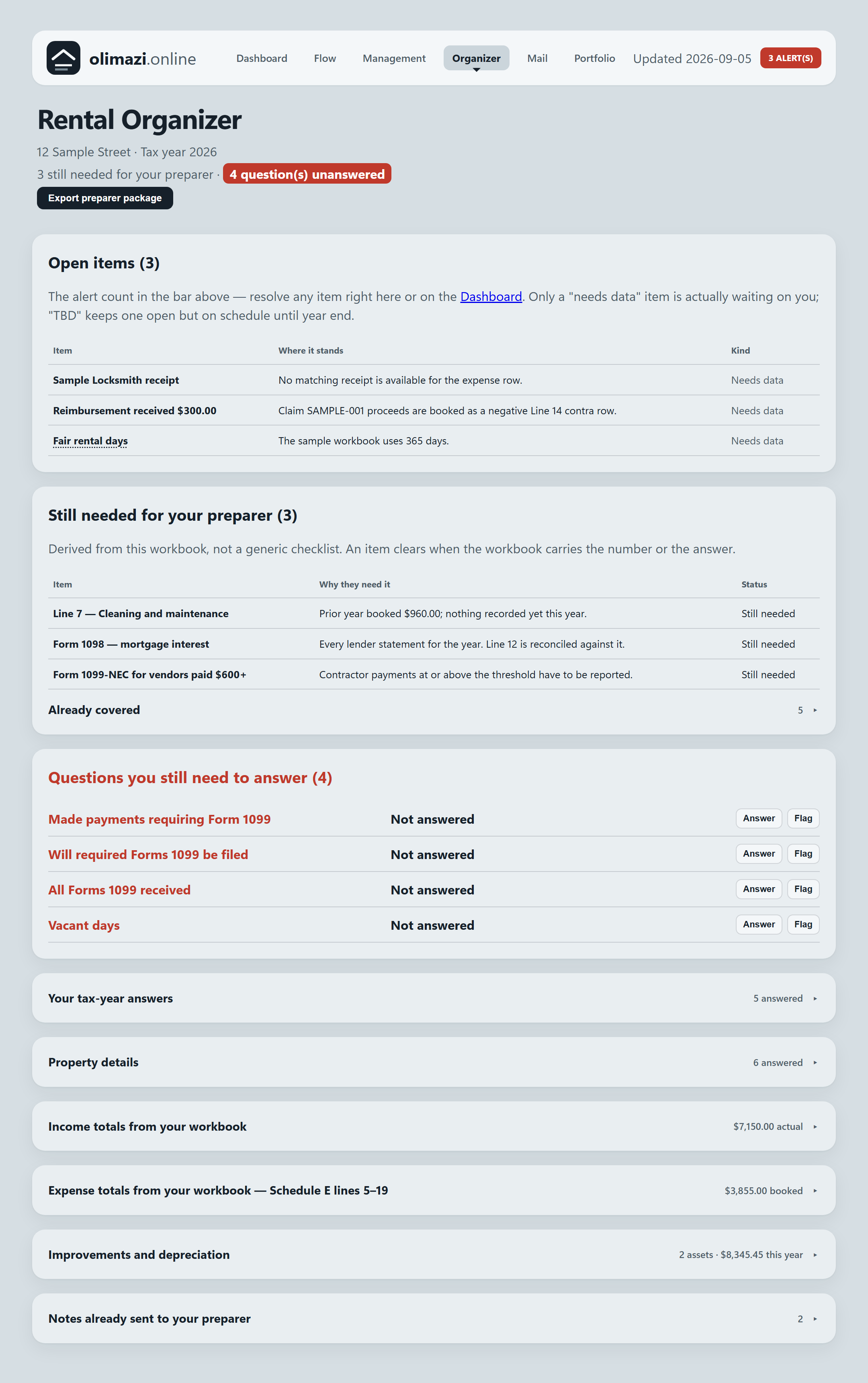 Rental Organizer — addresses, contacts and filing status to confirm